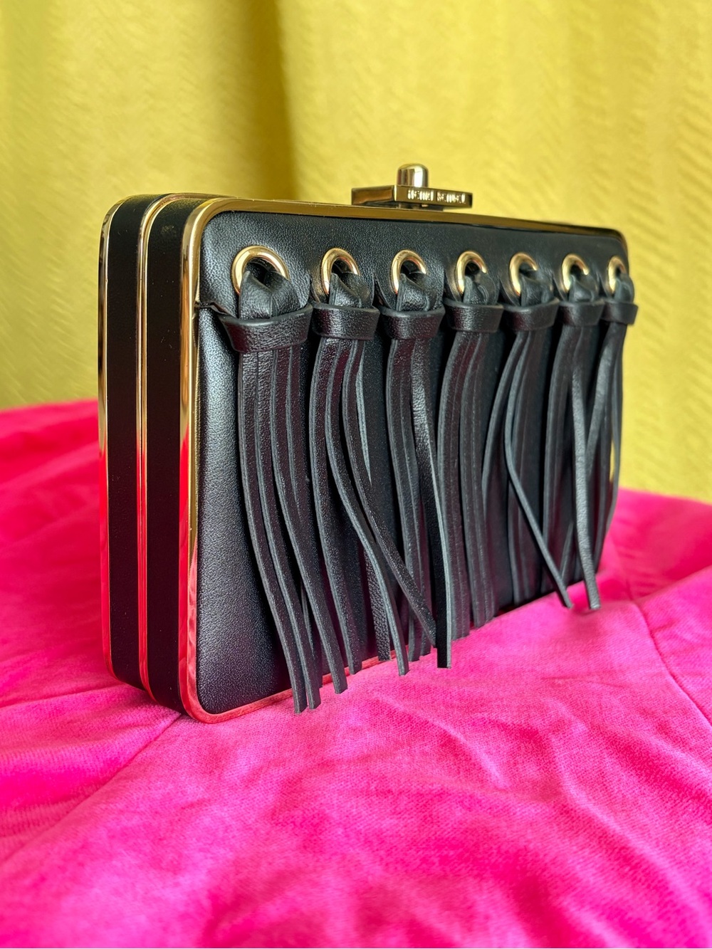 henri bendel Black Leather Fringe Box Clutch with Gold Hardware